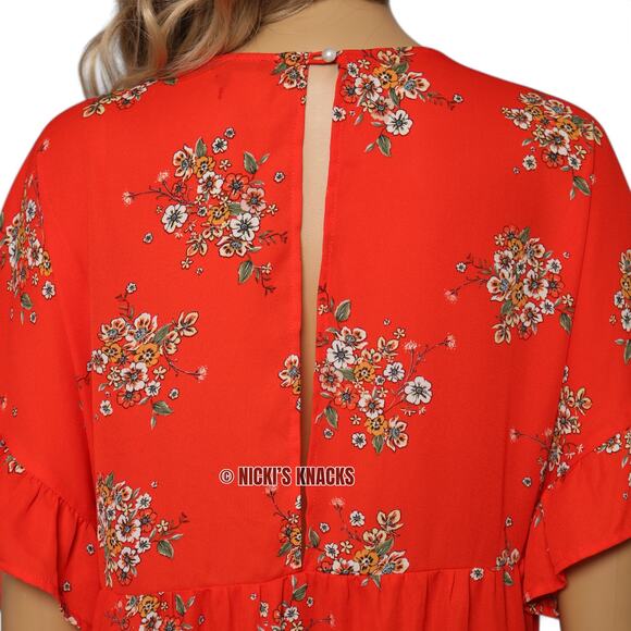 Bright Red Floral Ruffle Sleeve Scoopneck Babydoll Blouse Open Back Size XL - Picture 4 of 8